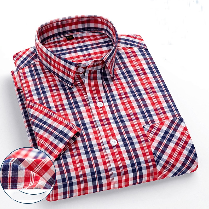 Men's Dress Shirt Stripes and Plaid Office & Career Office Party Light Blue Black Dark Red Yellow Short Sleeve Turndown Spring & Summer Clothing Apparel 9