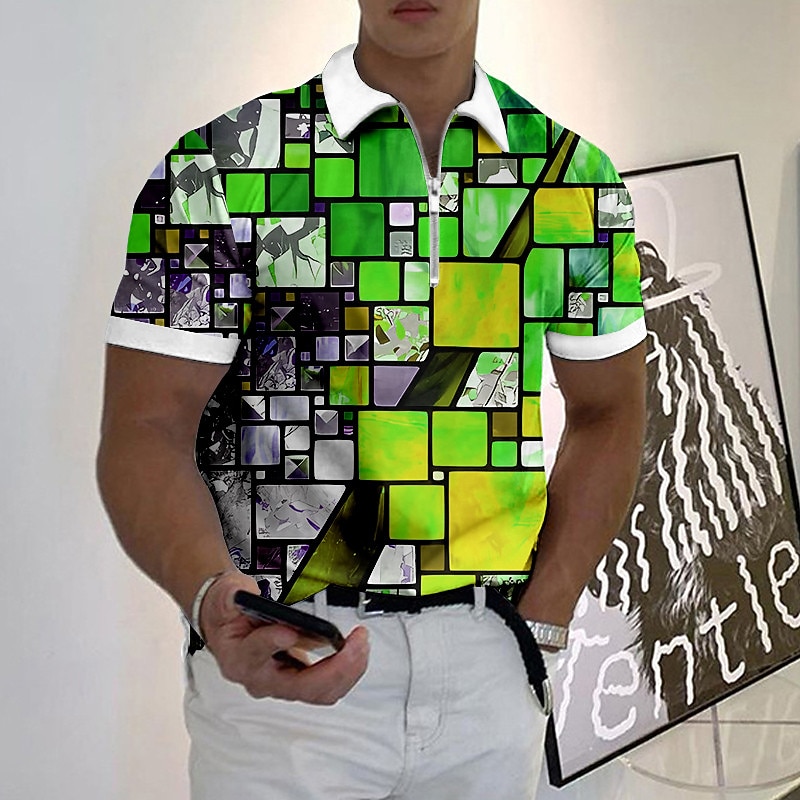 Men's Graphic Zip Polo Shirts Golf Shirt Short Sleeve Polo Shirts Collared Shirts Casual Vacation Wear Rave Wear Party Outfits 3D Print Quarter Zip Polo Yellow Light Green Pink4