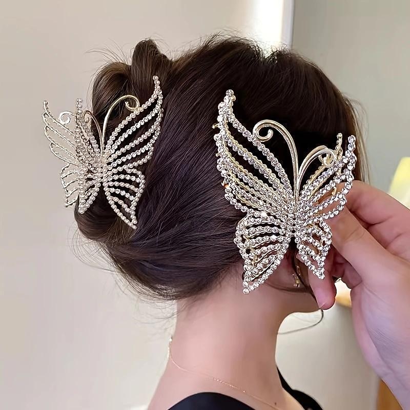 Butterfly Crystal Hair Claw Clips Pearl Rhinestone Golden Metal Hair Clips Large Gem Hair Jaw Clips Strong Hold Non-Slip Hair Catch Barrettes Clamps For Thick And Thin Hair Accessories For Women Girls
