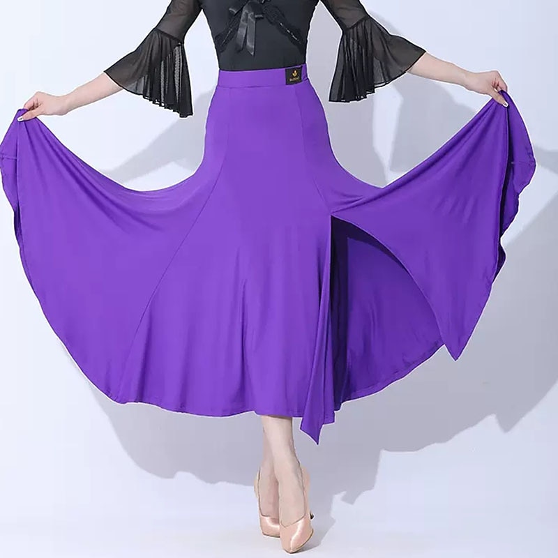 Ballroom Dance Skirts Pleats Pure Color Splicing Women's Performance Training Milk Fiber