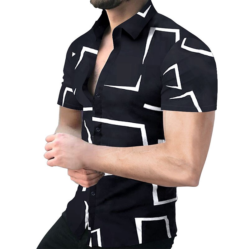 Men's Shirt Dress Shirt Geometric Pattern Outdoor Casual Black White Yellow Red Short Sleeve Cuban Collar Summer Spring Clothing Apparel Print3