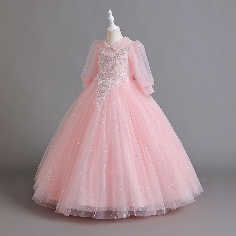 Kids Girls' Flower Girl Dress Party Dress Solid Color Half Sleeve Performance Wedding Party Sequins Elegant Sweet Polyester Maxi Tulle Dress Summer Spring 3-12 Years Champagne Pink2