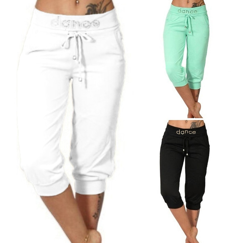 Women's Yoga Pants Drawstring Gym Workout Running Fitness Capri Pants Bottoms Solid Color Black White Green Spandex Sports Activewear