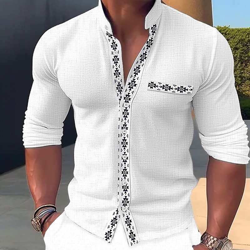 Men's Shirt Linen Shirt Band Collar Shirt Summer Shirt Beach Wear Casual Shirt Color Block Casual Daily Black White Blue Long Sleeve Standing Collar Spring & Summer Clothing Apparel2