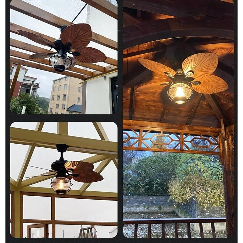 42/52-Inch Tropical Ceiling Fan Outdoor Indoor Waterproof, 3-Speed Quiet Industrial Leaf Ceiling Fan Chandelier with Remote Control 6 Reversible Palm Leaf Blades Wire-cage Lampshade 220-240V3