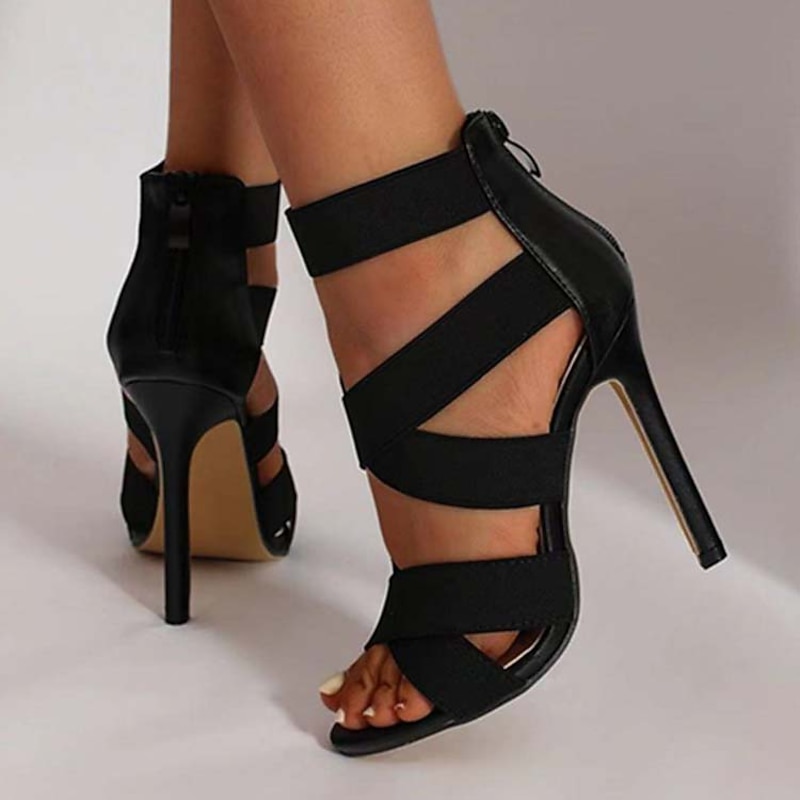 Women's Black Strappy Stiletto Heels – Open Toe, Back Zipper, Elegant Design for Parties, Weddings, and Formal Events