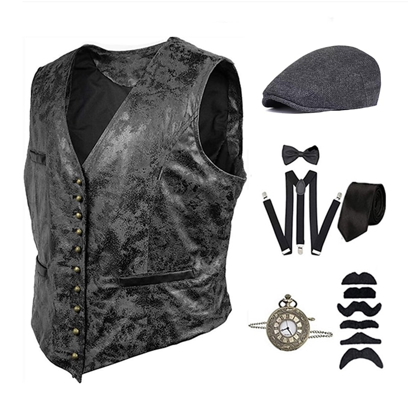 Vintage Roaring 20s 1920s Party Costume Vest Suspenders Sleeveless The Great Gatsby Gentleman Buckle Halloween Vintage Printing Button Down Collar Fancy Dress Men's Halloween Carnival Masquerade2