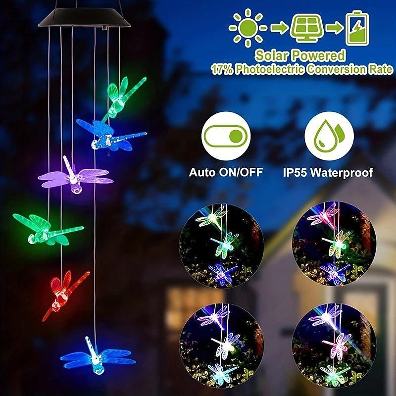 Solar Wind Chimes Lights Waterproof Green Dragonfly Shape Color Changing Lights Romantic Wind Bell Light LED Solar Mobile Hanging Decor For Garden Patio4