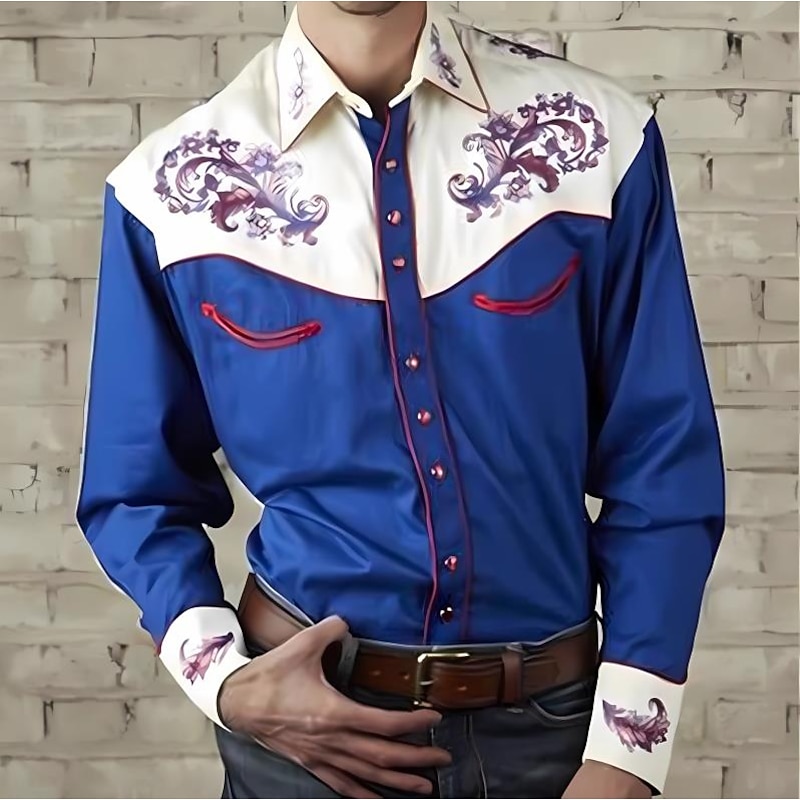 Men's Floral Graphic Prints Shirt Western Shirt Cowboy Shirt Long Sleeve Fashion Designer Casual Outdoor Daily Fall & Winter Turndown Print Button-Down Blue