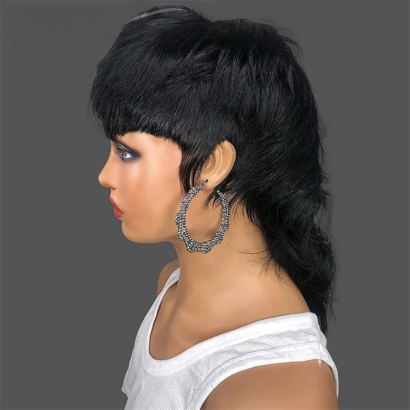 Mullet Wig Pixie Cut Wigs Human Hair for Women Shaggy Layered 70s 80s 90s Mullet Wigs With Bangs For Black Women Natural Black  Wolfcut Straight Brazilian Human Hair Wigs4