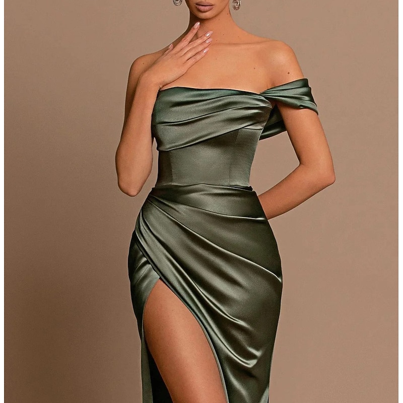 Beach Wedding Mermaid Evening Gown Sexy Dress Wedding Guest Holiday Court Train Sleeveless Off Shoulder Bridesmaid Dress Satin with Ruched Slit Masquerade Dress4