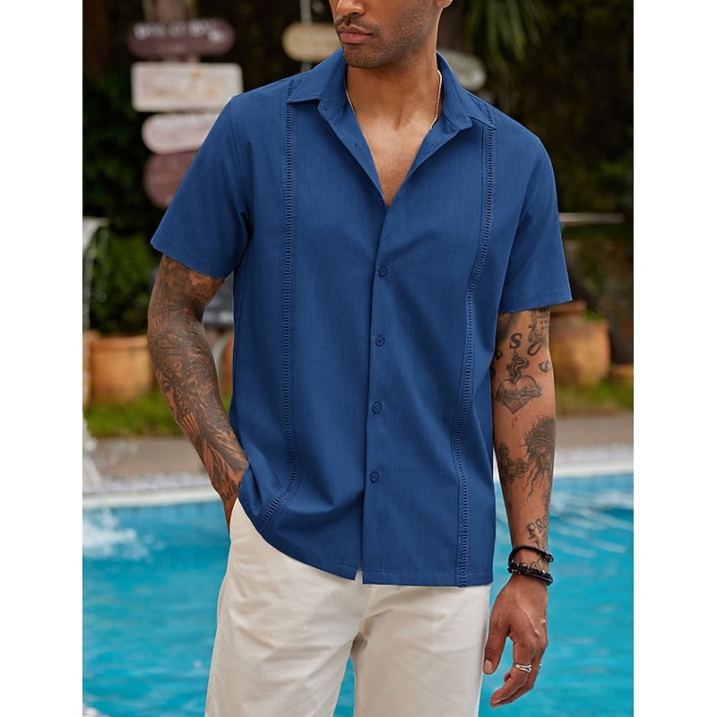 Men's Shirt Summer Shirt Casual Shirt Beach Shirt Button Up Shirt Black White Dark Blue Gray Short Sleeve Plain Lapel Vacation Daily Clothing Apparel Cotton Cotton Blend Fashion Casual Comfortable