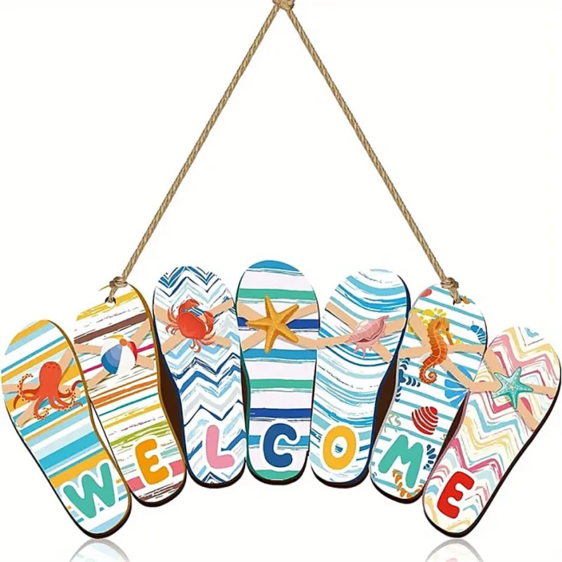 1pc Summer Slippers Wooden Hanging Sign Hello Summer Rustic Beach Plaque Welcome Beach Theme Decor For Door Wall Porch Indoor Outdoor 12 X 6 X 0.2 Inch Welcome Style Summer Party Home Decoration