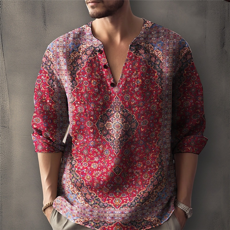 Men's Floral Vintage Shirt Linen Shirt Button Up Shirt Long Sleeve Fashion Streetwear Designer Outdoor Daily Summer Spring Fall Stand Collar Print Black+Black Yellow Wine Navy Blue Blue