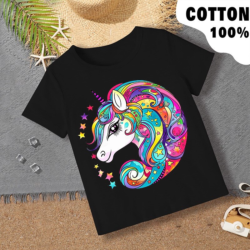 Girls' 3D Graphic Rainbow Unicorn T shirt Tee Short Sleeve 3D Print Summer Spring Active Fashion Cute 100% Cotton Kids 3-12 Years Outdoor Casual Daily Regular Fit