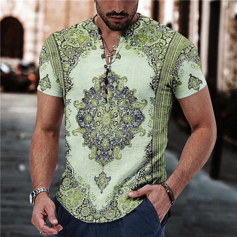 Men's Floral Tribal Vintage Shirt Linen Shirt Button Up Shirt Short Sleeve Fashion Streetwear Designer Outdoor Casual Daily Spring & Summer Stand Collar Print Pink Blue Green Khaki Gray3