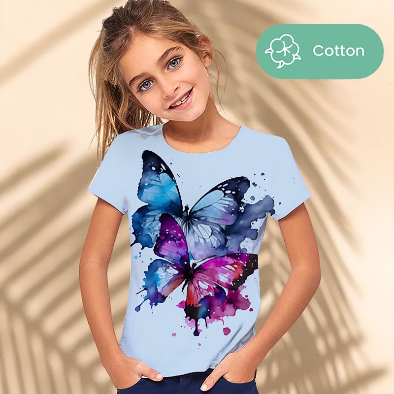 Girls' 3D Graphic Animal Butterfly T shirt Tee Short Sleeve 3D Print Summer Spring Active Fashion Cute 100% Cotton Kids 3-12 Years Outdoor Casual Daily Regular Fit3