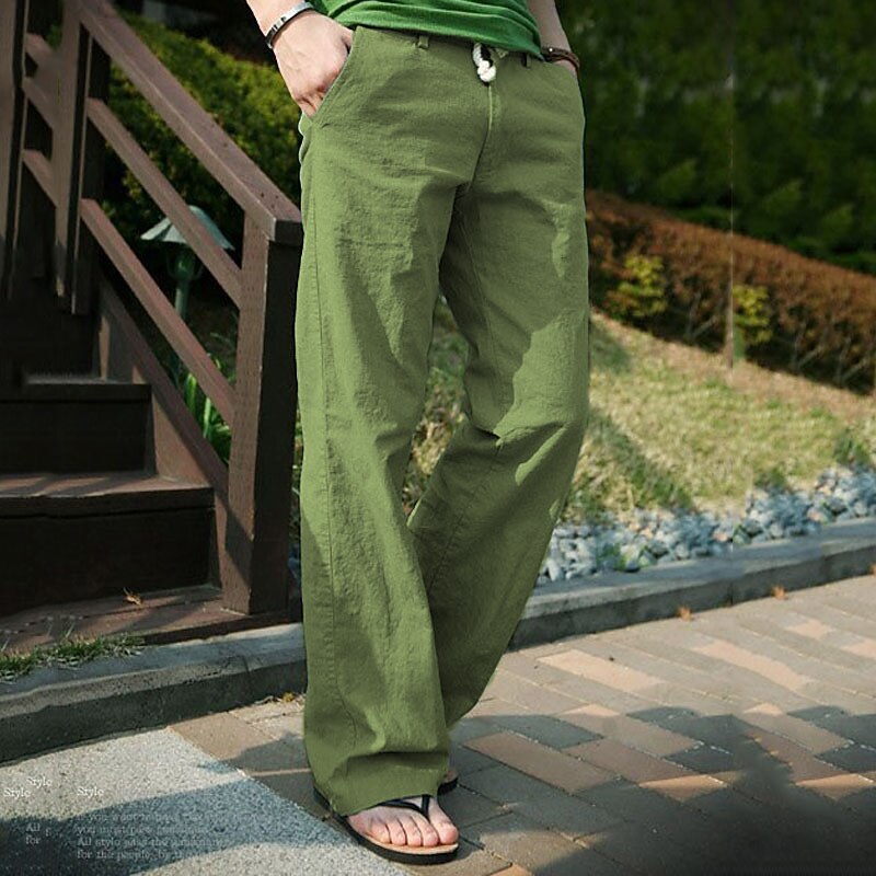 Men's Linen Pants Trousers Summer Pants Pocket Straight Leg Plain Comfort Breathable Casual Daily Holiday Fashion Classic Style Black Blue2