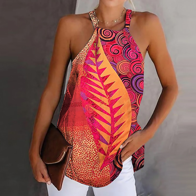 Women's Camisole Tank Top Boho Red Leaf Print Graphic Halter Neck Sleeveless Tank Ethnic Summer Stylish Casual Camisole Tank Top