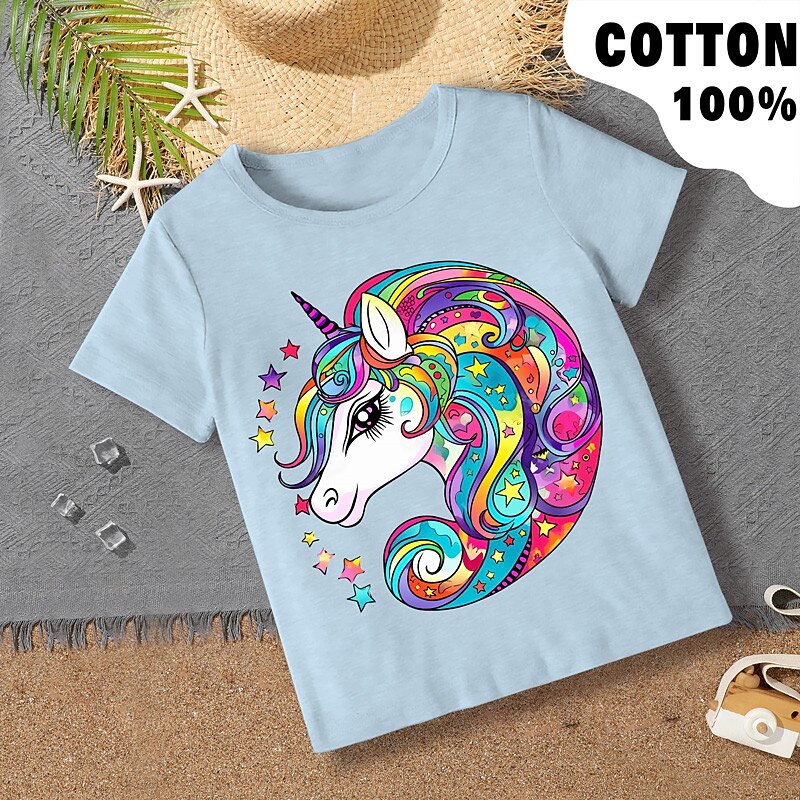 Girls' 3D Graphic Rainbow Unicorn T shirt Tee Short Sleeve 3D Print Summer Spring Active Fashion Cute 100% Cotton Kids 3-12 Years Outdoor Casual Daily Regular Fit3