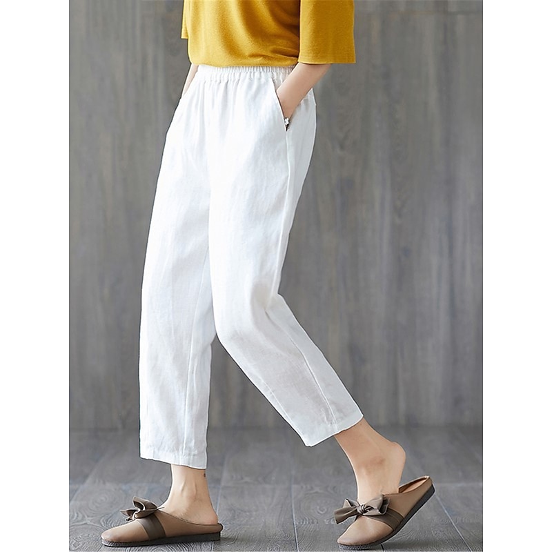 Women's Cotton Linen Shorts Capri shorts Baggy Pants Streetwear Casual Comfort Capris Mid Waist Plain Pocket Baggy Elastic Drawstring Design Comfort Breathability Soft Micro-elastic Vacation Casual
