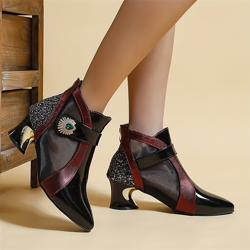 Women's Black and Red Ankle Boots with Mesh Panels and Embellished Heels - Elegant Fashion Footwear for Special Occasions4