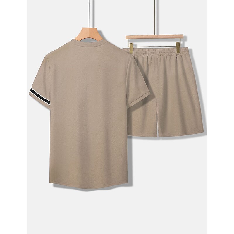 Men's Tee & Drawstring Waist Shorts 2 Pieces Outfits Short Sleeves Crewneck Summer Striped Fashion Sport Casual 2 Piece Striped Trim Vacation Daily Wear Activewear Black Pink Khaki Top Tee for Men2