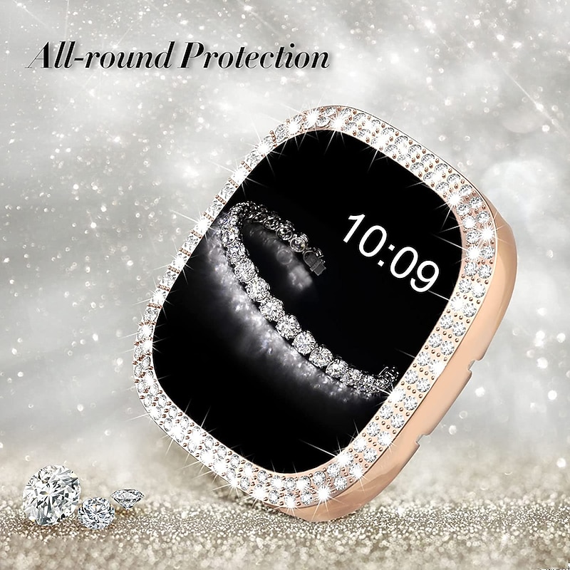 Smart Watch Band Compatible with Fitbit Versa 3 / Sense / Versa 4 /Sense 2 Bling Diamond Metal Strap Replacement with Screen Protector Case Cover for Fitbit Versa 3 / Sense / Versa 4 /Sense 22