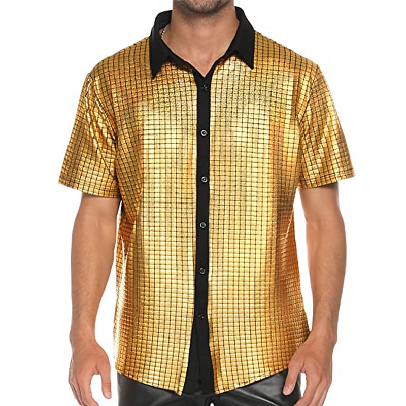 Mens 70s Disco Shirts Flared Trousers Metallic Sequins Short Sleeve Button Down Shirts Retro Vintage 1970s Costume Performance Party Stage Halloween4