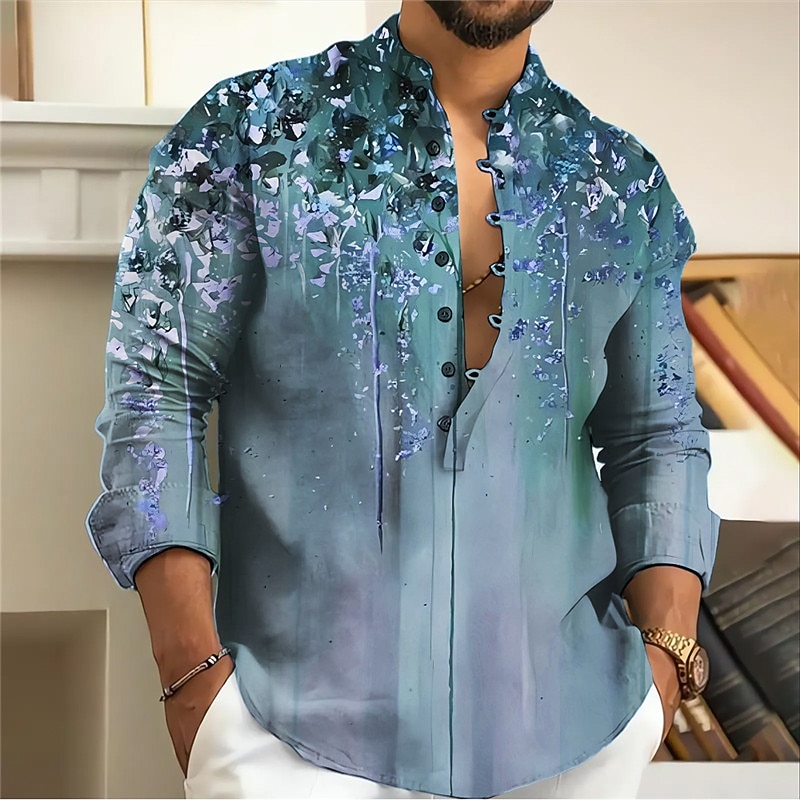 Men's Floral Shirt Button Up Shirt Long Sleeve Fashion Streetwear Designer Outdoor Casual Daily Summer Spring Fall Stand Collar Print Blue Purple Brown Green Gray