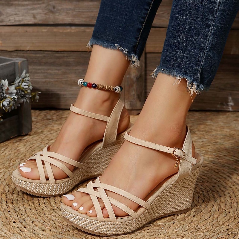 Women's Beige Wedge Sandals with Braided Platform Sole and Ankle Strap, Open-Toe Summer Shoes for Vacation, Beach, Boho Outfits and Daily Casual Wear4