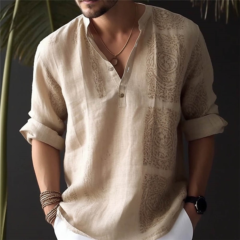 Men's Totem Ethnic Shirt Button Up Shirt Long Sleeve Fashion Streetwear Designer Outdoor Daily Summer Spring Fall Stand Collar Print Blue Purple Green Khaki Beige