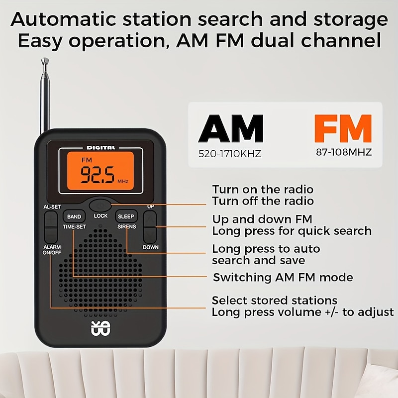 Cappsu AM/FM Portable Radio Personal Radio With Excellent Reception Powered By 2 AAA Batteries (not Included In The Package) With Stereo Headphones Large LCD Screen Alarm Clock Radio3