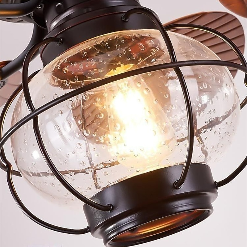 42/52-Inch Tropical Ceiling Fan Outdoor Indoor Waterproof, 3-Speed Quiet Industrial Leaf Ceiling Fan Chandelier with Remote Control 6 Reversible Palm Leaf Blades Wire-cage Lampshade 220-240V2