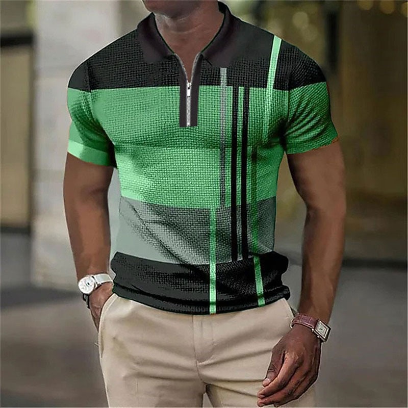 Men's Color Block Striped Graphic Prints Geometry Polo Shirts Zip Polo Golf Shirt Short Sleeve Shirt Turndown Outdoor Street Lake blue Yellow Blue Green Gray Zipper Print Clothing Apparel Fashion3