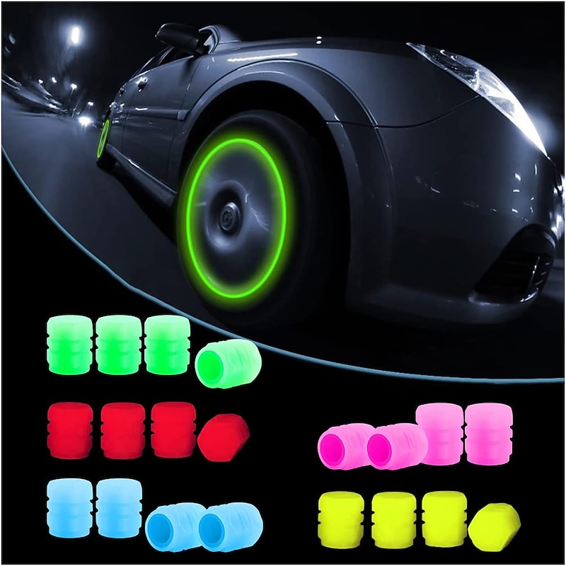 16 PCS Fluorescent Tire Valve Stem Caps, Car Wheel Air Valve Covers Luminous Car Exterior Accessories Cool Noctilucous for Car, Bicycle, Motorcycle, SUV, Truck and Bike