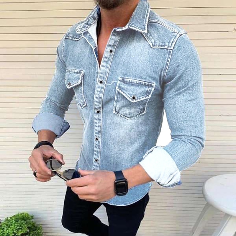 Men's Shirt Casual Shirt Jeans Shirt Button Up Shirt Denim Shirt Denim Blue Blue Light Grey Dark Gray Long Sleeve Plain Turndown Vacation Daily Front Pocket Clothing Apparel Cotton Polyester Fashion