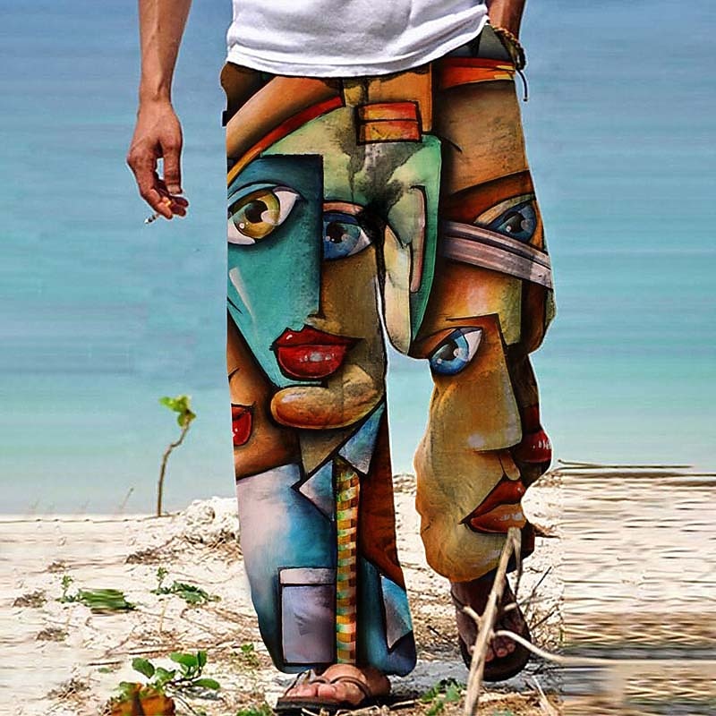 Men's Trousers Summer Pants Beach Pants Boho Pants Pocket Drawstring Elastic Waist Graphic Prints Comfort Breathable Casual Daily Holiday Streetwear Designer Navy Blue Blue3