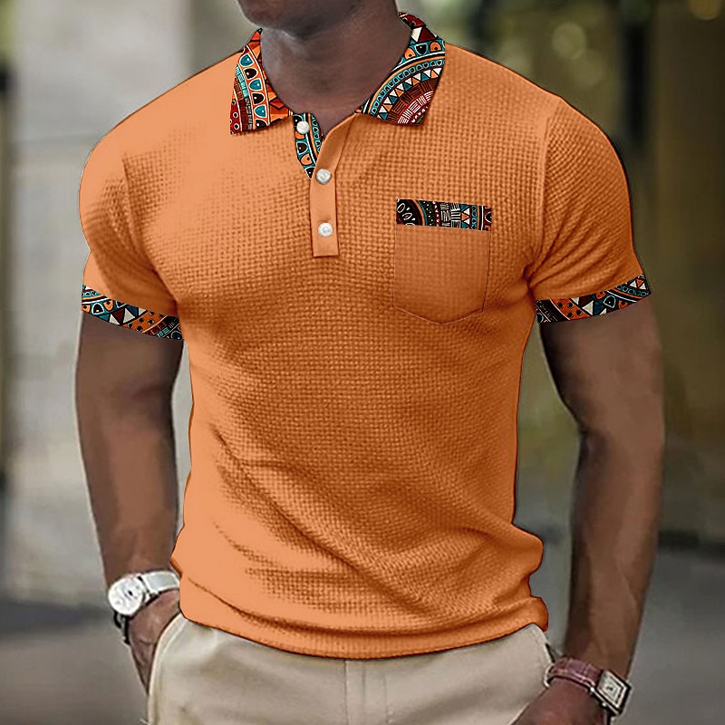 Men's Graphic Prints Vintage Geometry Waffle Polo Shirts Polo Shirts Lapel Polo Button Up Polos Golf Shirt Short Sleeve Shirt Turndown Outdoor Street Blue-Green Black White Blue Orange Print Clothing4