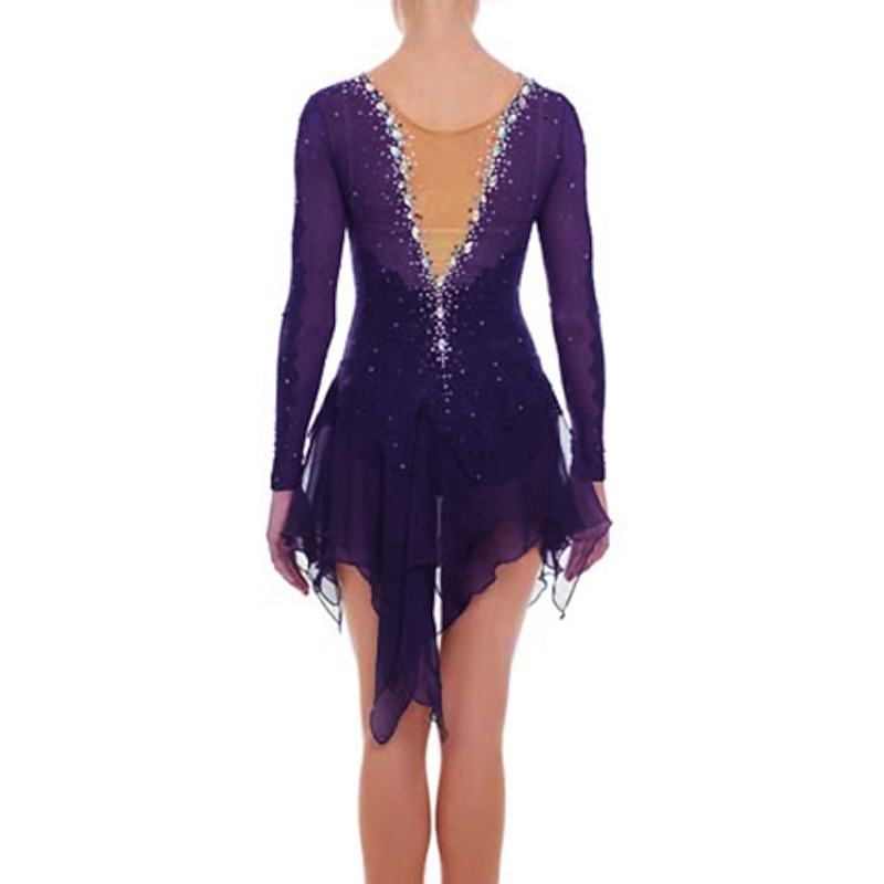 Figure Skating Dress Women's Girls' Ice Skating Dress Violet Patchwork Mesh Spandex High Elasticity Training Competition Skating Wear Handmade Crystal / Rhinestone Long Sleeve Ice Skating Figure3