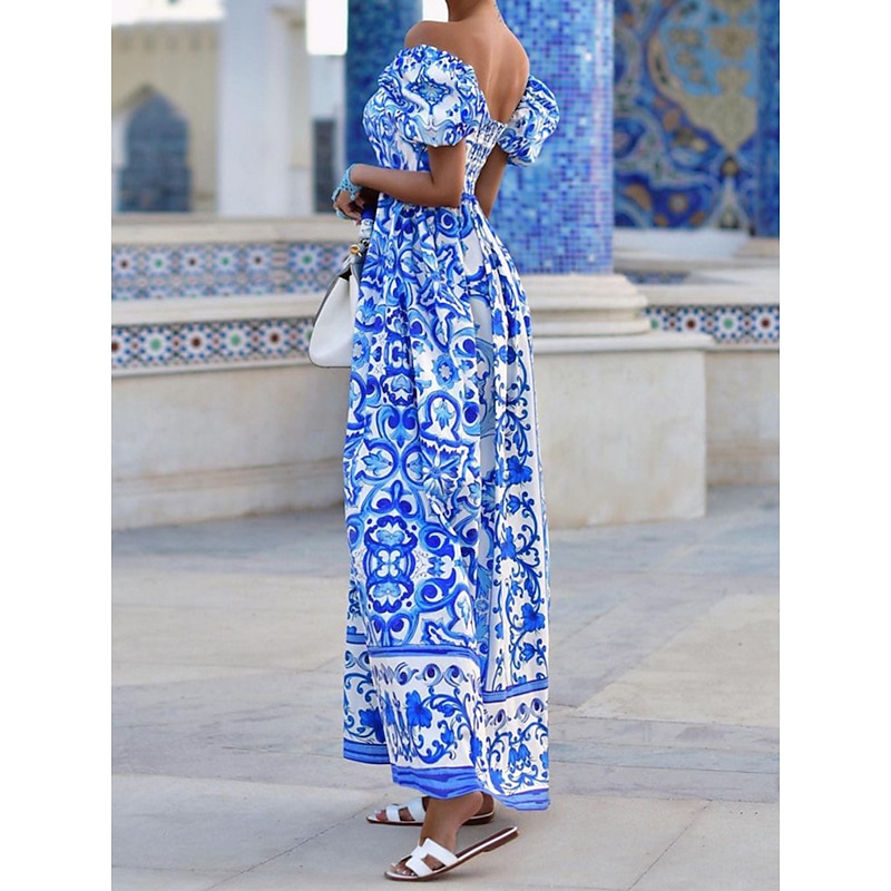 Women's Long Dress Maxi Dress Casual Dress Boho Dress Print Dress Floral Streetwear Casual Outdoor Daily Vacation Print Short Sleeve Off Shoulder Dress Regular Fit Black Pink Blue Summer Spring S M L2