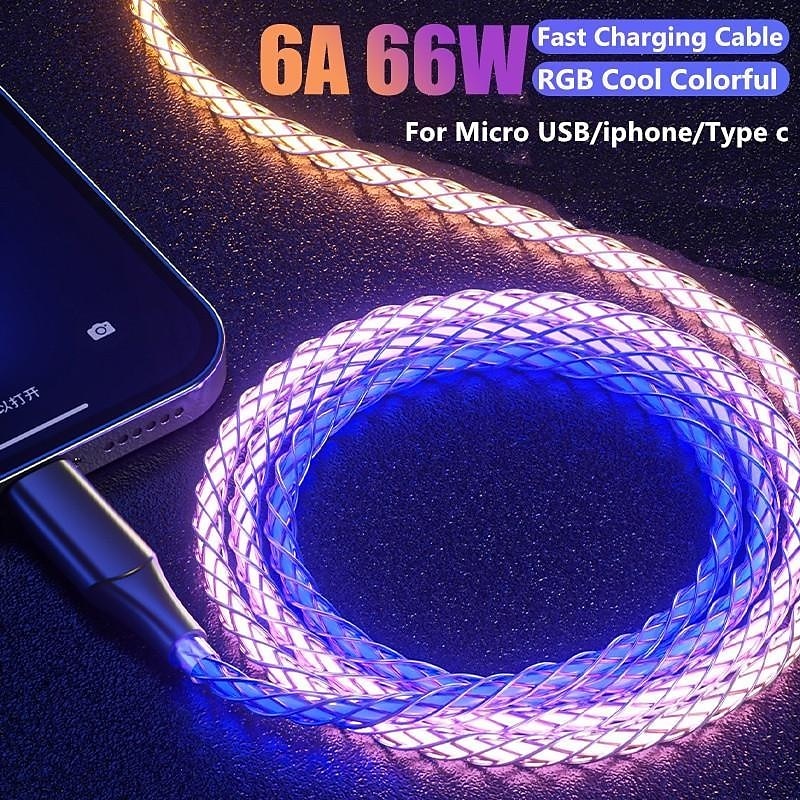 Fast Charging RGB Cable 100W Breathing Light 66W Type C USB C Data Cable for iPhone Samsung Android Micro 30W Quick Charge Cable