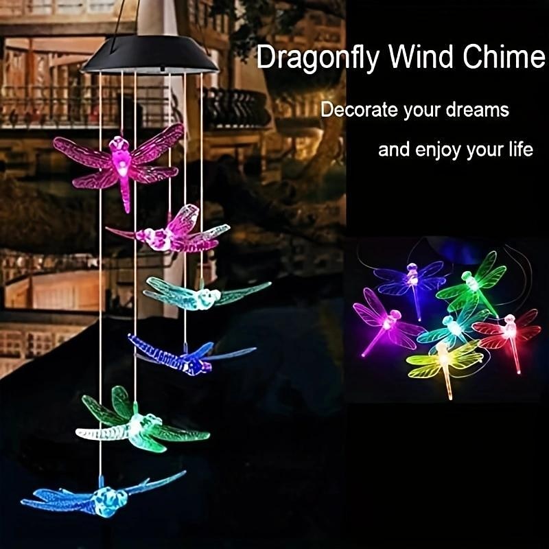 Solar Wind Chimes Lights Waterproof Green Dragonfly Shape Color Changing Lights Romantic Wind Bell Light LED Solar Mobile Hanging Decor For Garden Patio2