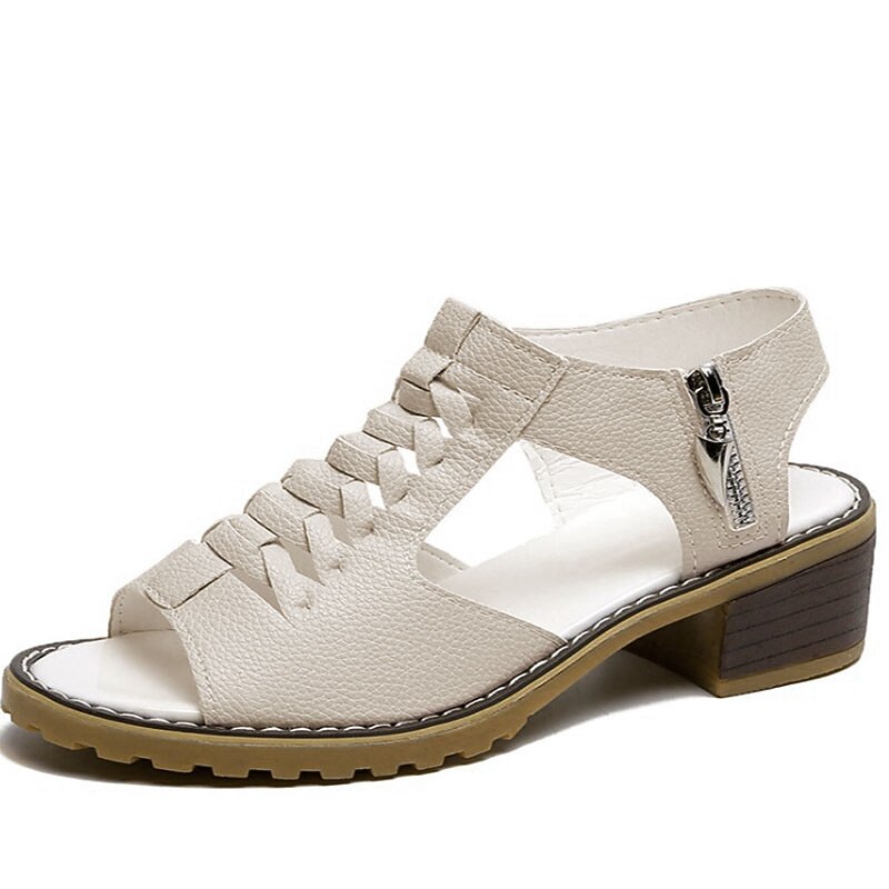 Women's Sandals Block Heel Sandals Daily Beach Solid Color Solid Colored Summer Block Heel Low Heel Peep Toe Casual PU Leather PU Zipper Black White Beige2