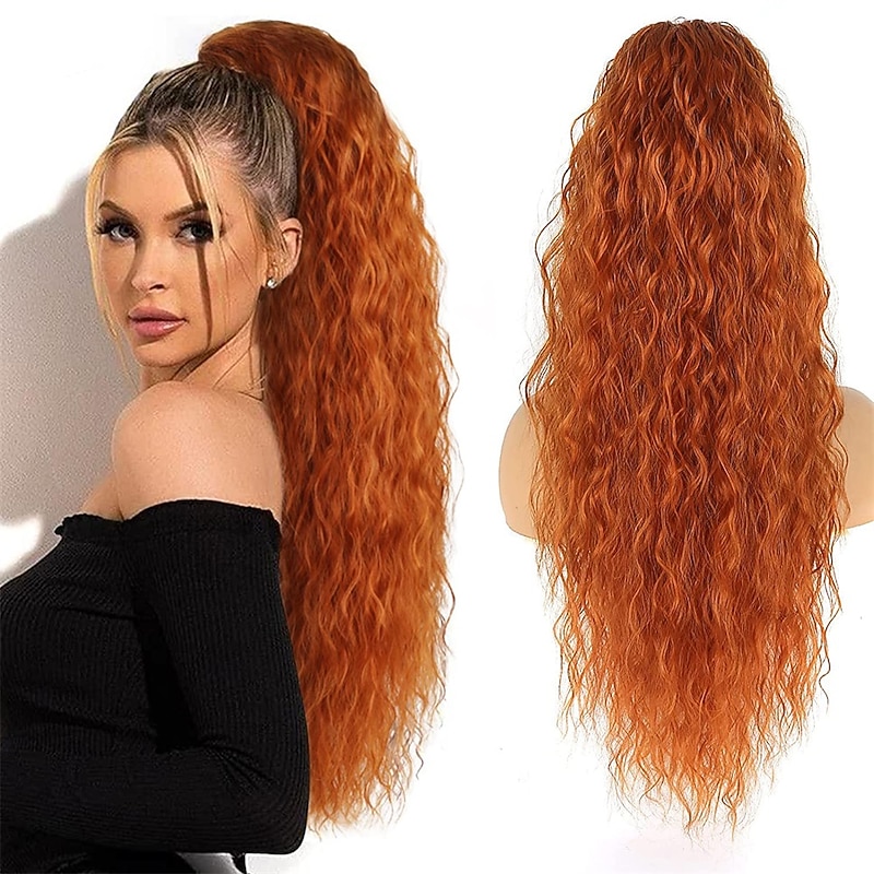 Copper Red Curly Wavy Drawstring Ponytail Extension for Black WomenSynthetic Long Wavy 28inch Curly Ponytail Extension Ginger Orange Ponytail Extension Clip in Wavy Ponytail Extension 30C