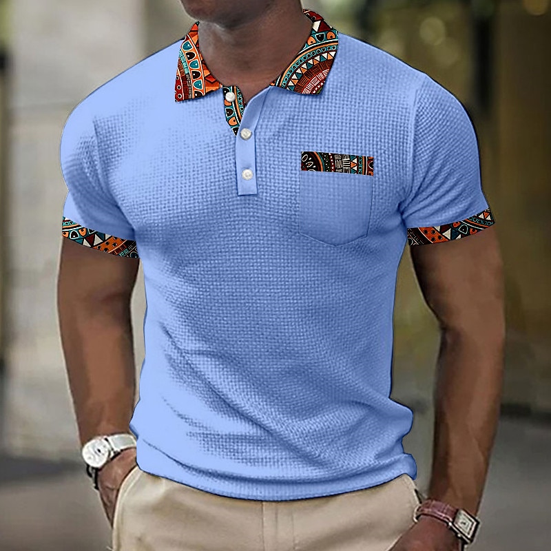 Men's Graphic Prints Vintage Geometry Waffle Polo Shirts Polo Shirts Lapel Polo Button Up Polos Golf Shirt Short Sleeve Shirt Turndown Outdoor Street Blue-Green Black White Blue Orange Print Clothing3
