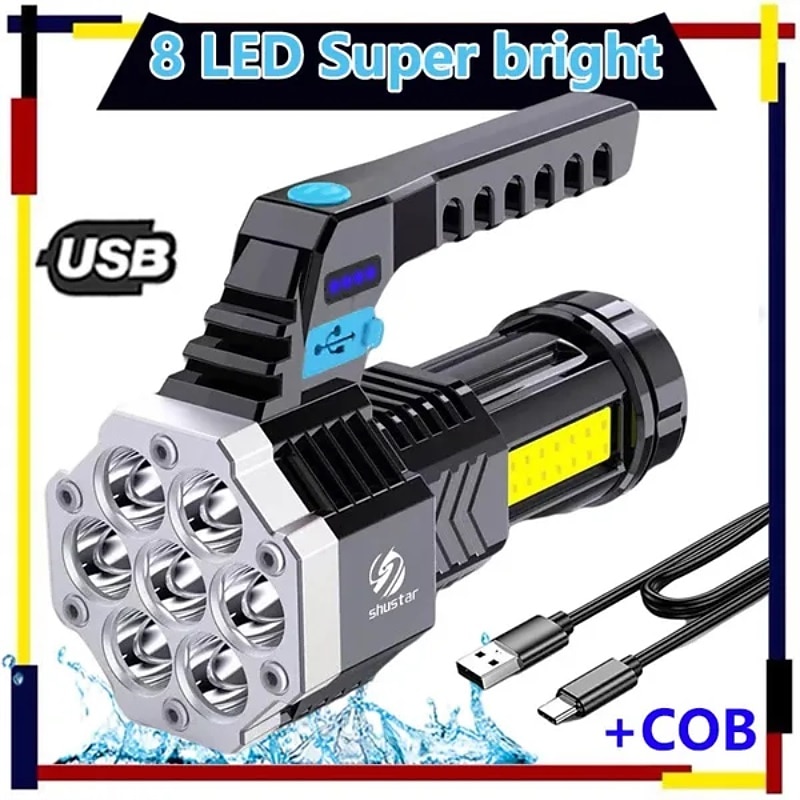 High-power 7 LED flashlight torch with Cob side light light outdoor lighting USB rechargeable waterproof work light powerful fishing light