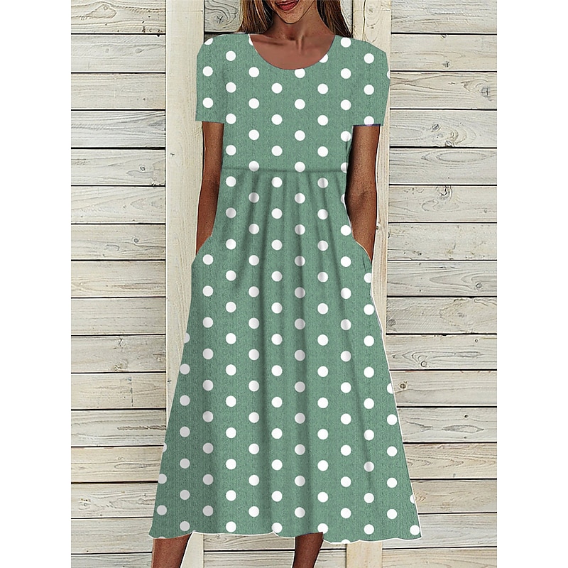 Women's Midi Dress Floral Polka Dot Pocket Print Crew Neck aily Date Short Sleeve Summer Spring