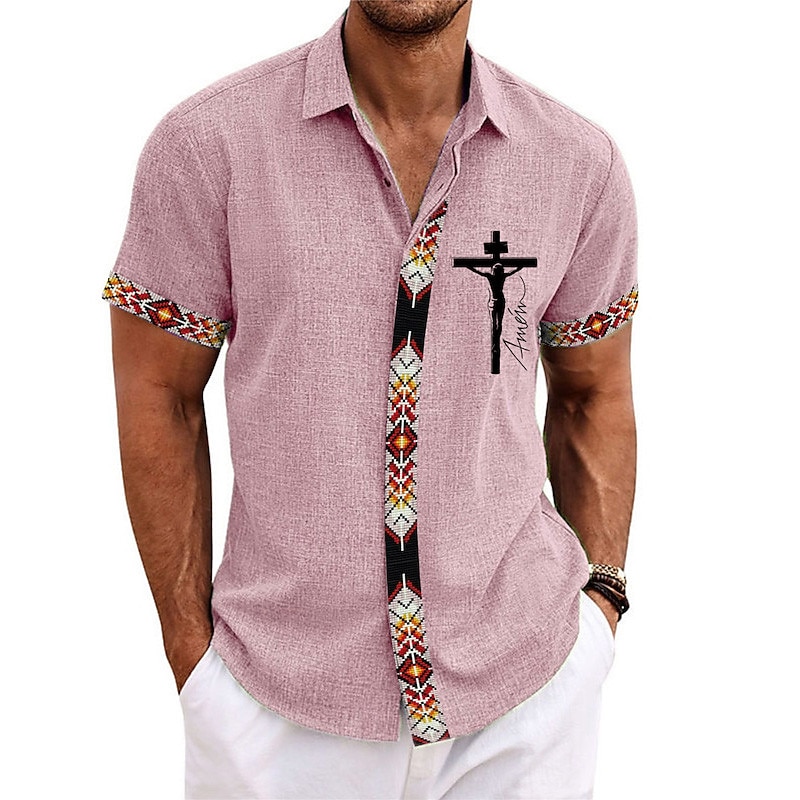 Men's Cross Jesus Shirt Button Up Shirt Short Sleeve Fashion Designer Casual Outdoor Casual Summer Spring Turndown Print White Pink Blue Green Khaki4