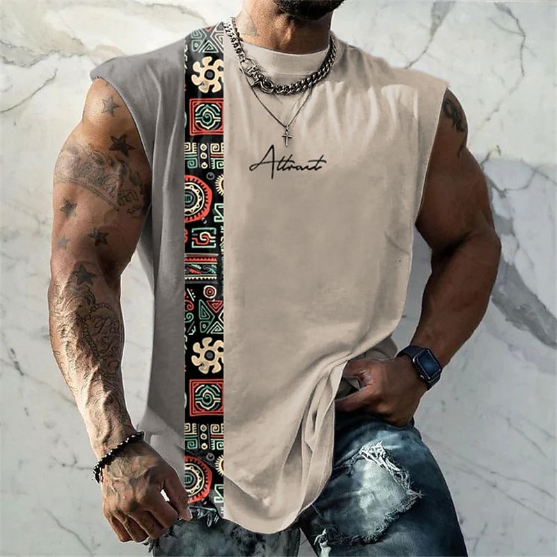 Men's Graphic Color Block Tribal Vest Top Sleeveless T Shirt for Men Sleeveless Cap Sleeve T shirt 3D Print Crew Neck Shirt Designer Ethnic Muscle Daily Sports Gym Black White Yellow Spring & Summer2